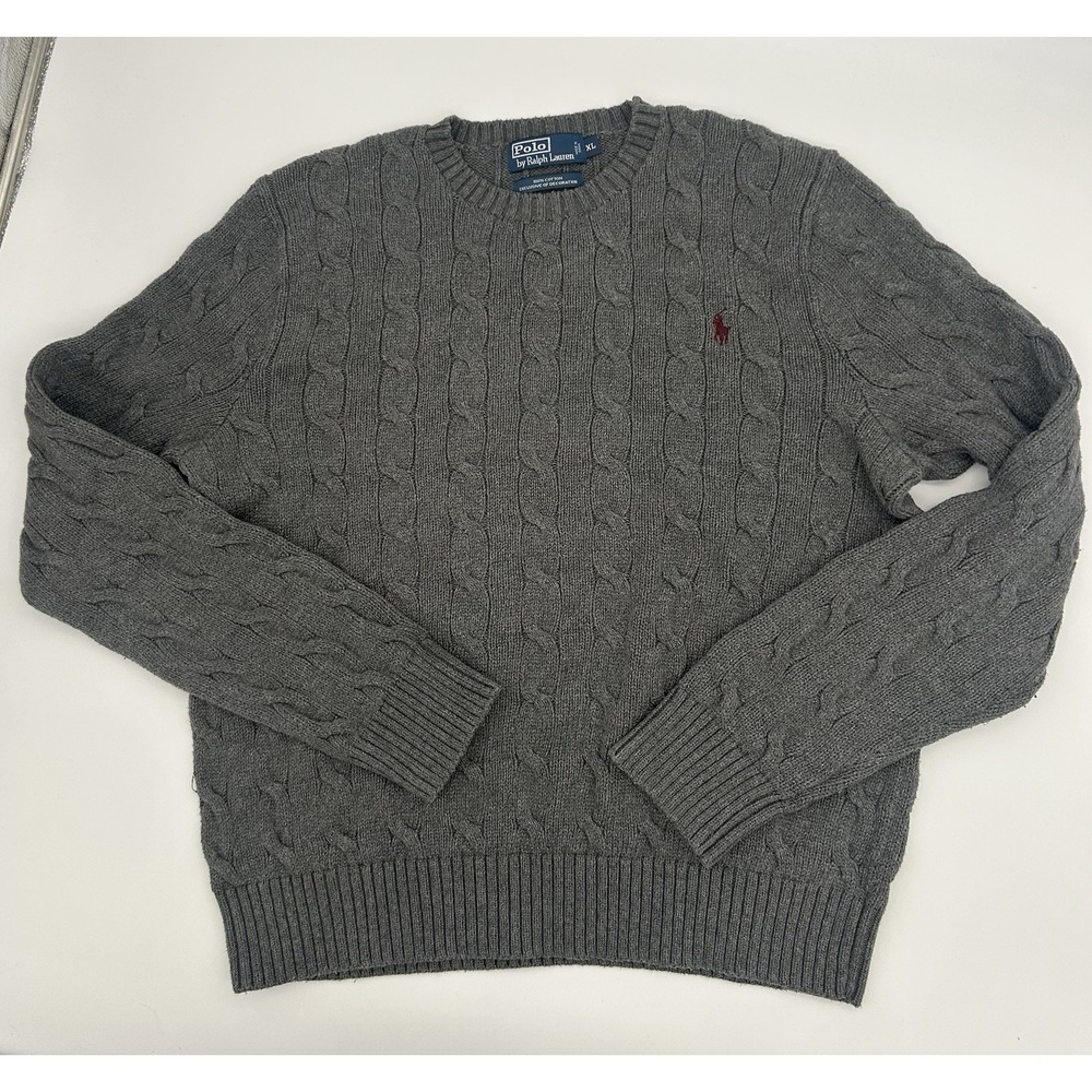 Men's XL Polo Ralph Lauren  Cotton Crew Neck Cable Knit Sweater GRAY